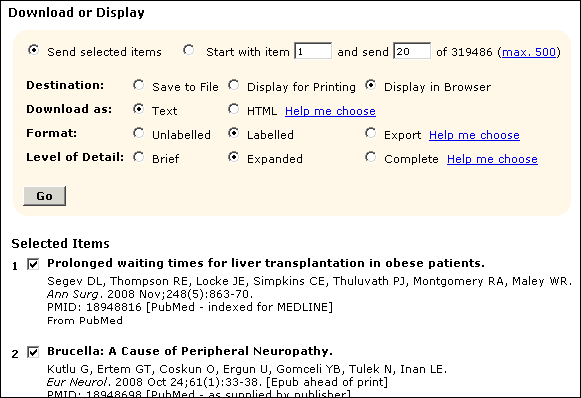 Screen capture of Download or Display Search Results interface.