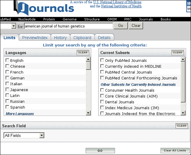 Screen capture of Journals database Limits screen.