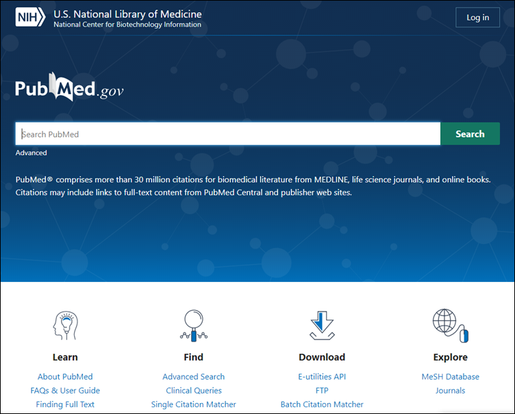 screenshot of new PubMed homepage.