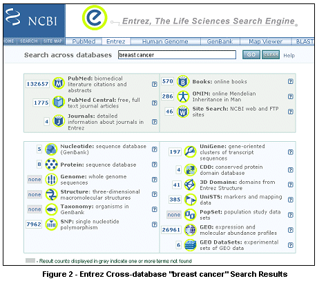 Figure 2: Entrez Cross-database “breast cancer” Search Results