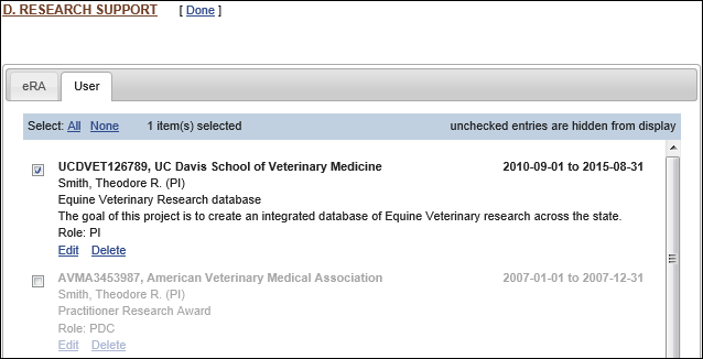 Screen capture of Activate  Edit Awards displays awards from two sources eRA & User