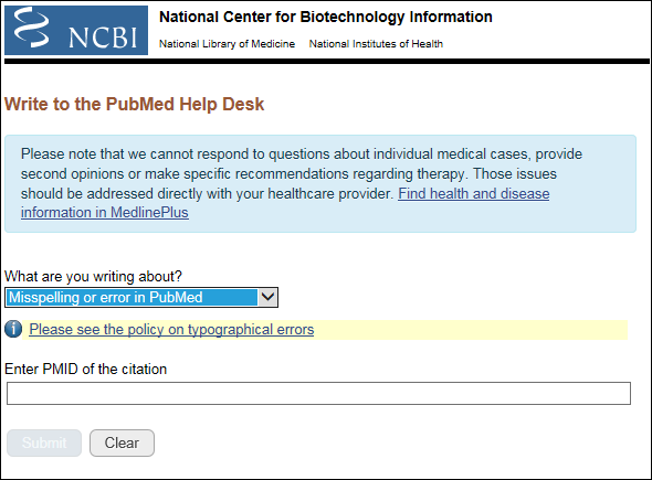 Prompt to enter the PMID of the citation that has a misspelling or error