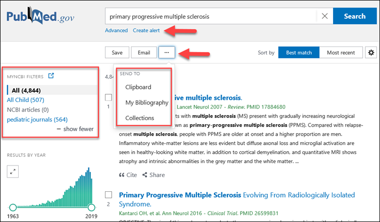 screenshot of action menu selections highlighting send to and MyNCBI filters.